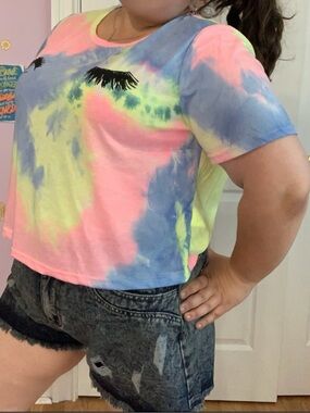 SHEIN Neon Tie-Dye Eyelash Graphic Short  Sleeve Crop Top Size 1XL
